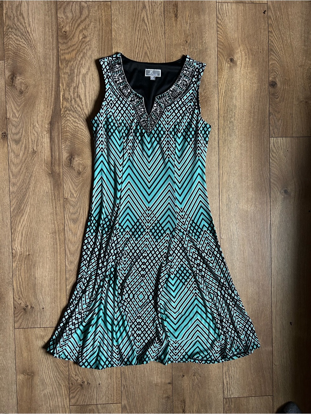 JM Collection Teal & Black Sleeveless Geometric Fit-and-Flare Dress